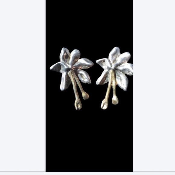 925 Vintage 925 Sterling Large statement clip abstract floral Chunky Earrings 3" - Picture 3 of 15
